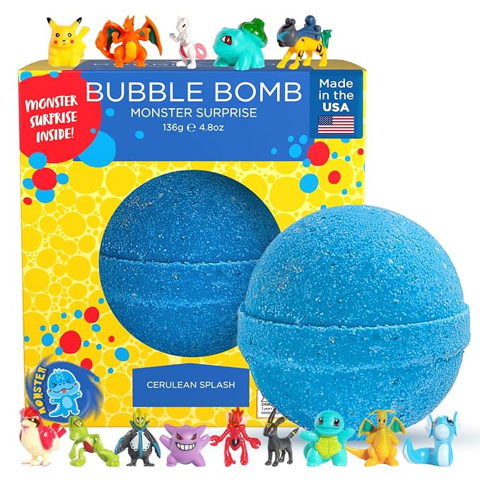 Poke Monster Bath Bomb for Kids with Surprise Toys Inside (1 Pack) - Large Bubble Bath Bombs for Boys & Girls - Skin-Safe, Made in USA, Birthday Gift for Kids by Two Sisters