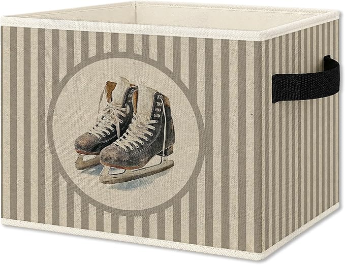 Vintage Hockey Storage Bins Box with Handles, Sports Kids Decor for Boys, Neutral Striped Hockey Skates Ball Collapsible Organizer Basket for Nursery Room Bedroom Playroom Toys Books