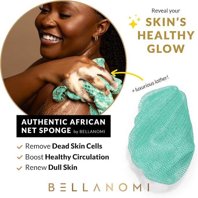 BELLANOMI African Exfoliating Net Sponge, Authentic, Ethically sourced from Nigeria, 45 inches Long, Back Scrubber for Daily use (Seafoam)