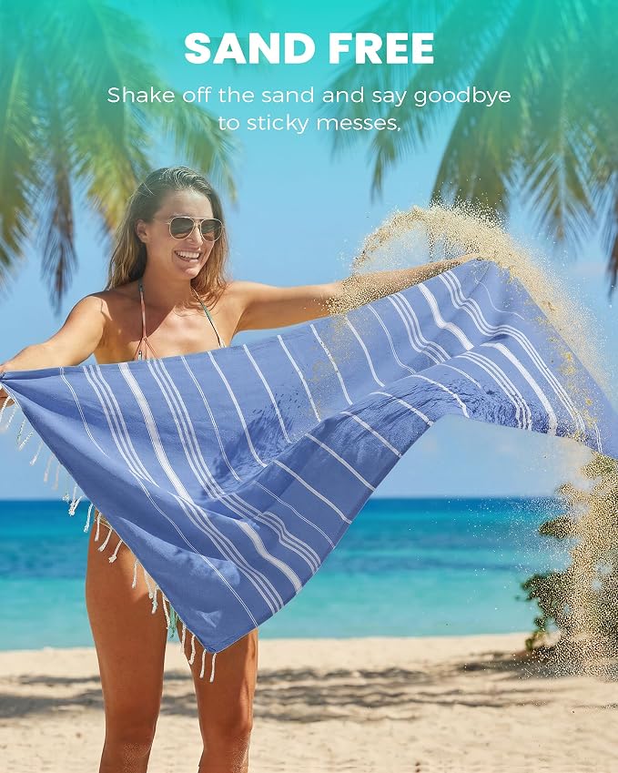4 Pack Turkish Beach Towels Vacation Essentials with Bag Quick Dry Sand Free Soft Absorbent Adult Bath Pool Swim Long Wide Stripe Towel Cloud Linen Sandfree Mat Summer Thing Lightweight Travel Blue