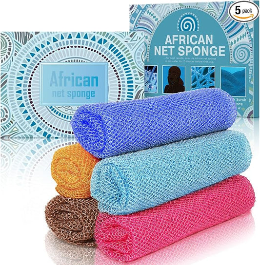 5 Pieces African Net Sponge – Deep Cleansing & Exfoliating Mesh for Glowing Skin – Stretchable, Quick-Dry Material for Daily Shower Use (Orange, Blue, Rose Red, Brown, Blue)