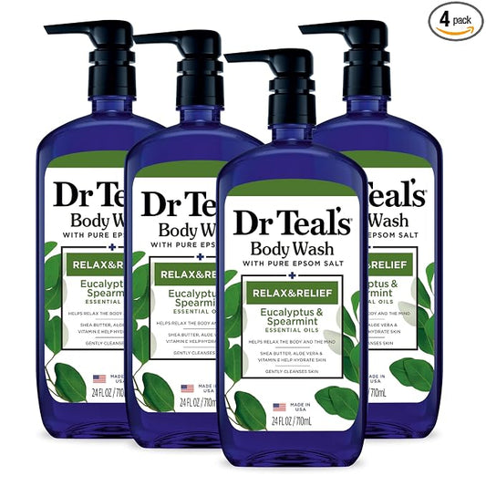 Dr Teal's Body Wash with Pure Epsom Salt, Relax & Relief with Eucalyptus & Spearmint, 24 fl oz (Pack of 4)