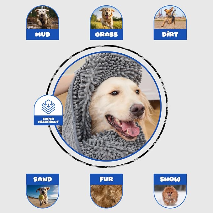Microfiber Dog Bath Towel, Grey | Super Absorbent, Quick Dry, Hand Pockets, Machine Washable