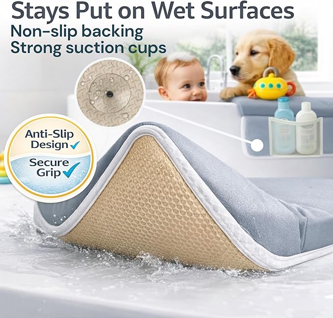 Comfortable Baby Bath Kneeler and Elbow Rest Pad Set, Non-Slip Bathtub Kneeling Pad for Bathing Baby, Bath Tub Cushion Mat, Elbow Pads, Toy Organizer Storage Pockets, Strong Suction Cups (Lua Gray)