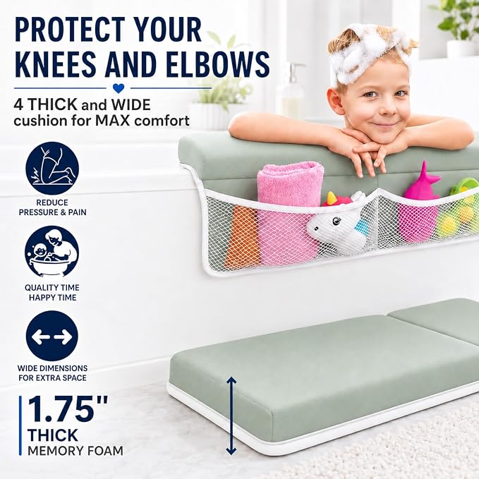 Comfortable Baby Bath Kneeler and Elbow Rest Pad Set, Non-Slip Bathtub Kneeling Pad for Bathing Baby, Bath Tub Cushion Mat, Elbow Pads, Toy Organizer Storage Pockets, Strong Suction Cups (Green Gray)