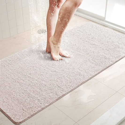 LuxStep Shower Mat Bathtub Mat,47x16 inch, Non-Slip Bath Mat with Drain, Quick Drying PVC Loofah Bathmat for Tub,Shower,Bathroom (Phthalate Free,White)