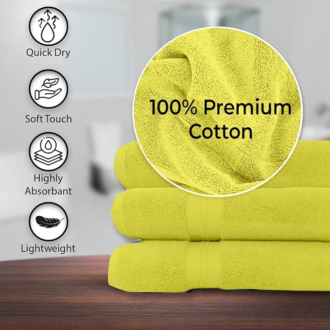 KAHAF COLLECTION 100% Cotton Bath Towels, 24x48 Pack of 6 Towels, Quick Dry, Highly Absorbent, Soft Feel Towel, Gym, Spa, Bathroom, Shower, Pool, Luxury Soft Towels (Yellow, 24x48-6 Pack)