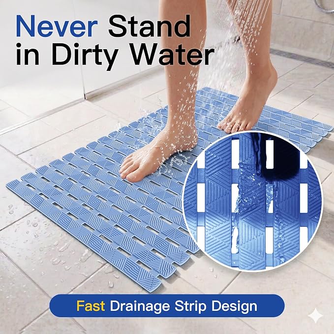Non Slip Bathtub Mat - Shower Mats for Inside Shower, Rectangular PVC Tub Mat with 200+ Suction Cups for Safety, 27x16 Inch, Pastel Blue