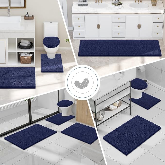 Smiry Luxury Chenille Bathroom Rugs 71x47, Extra Soft and Absorbent Shaggy Bath Mat, Machine Washable, Non-Slip Plush Carpet Runner for Tub, Shower, and Floor, Home Decor Accessories, Navy Blue