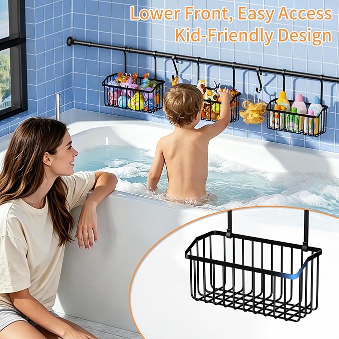 KEGII Over-the-Tub Bath Toy Storage, Adjustable 61-82.67 Inch Bathtub Toy Organizer Holder with 3 Baskets and Hooks, Large Capacity Kids Bath Toy Storage Rack for Easy Sorting and Drainage, Black