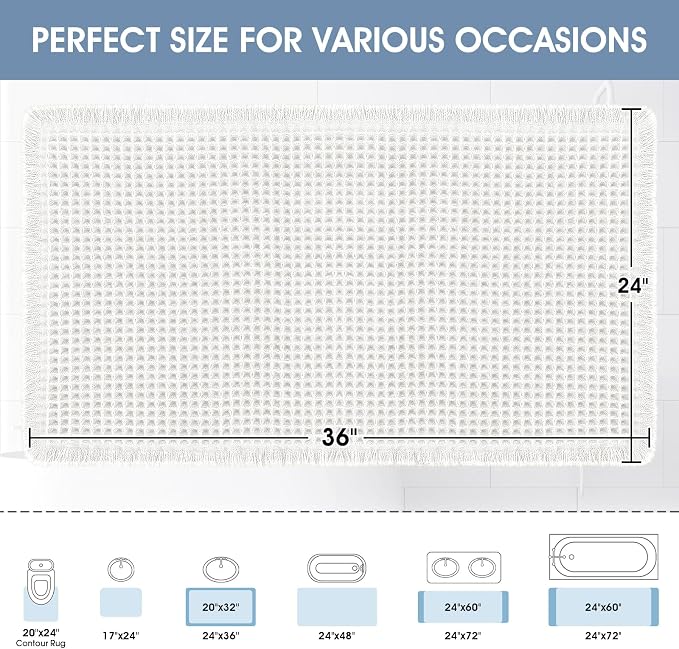 ACCUMTEK Upgraded Waffle Bath Mat, 36"x24" White, Super Absorbent Non-Slip Quick Dry Bathroom Rugs with Tassels, Machine Washable Ultra Soft Boho Bath Rugs for Floor, Toilet Mats Boho Farmhouse Decor