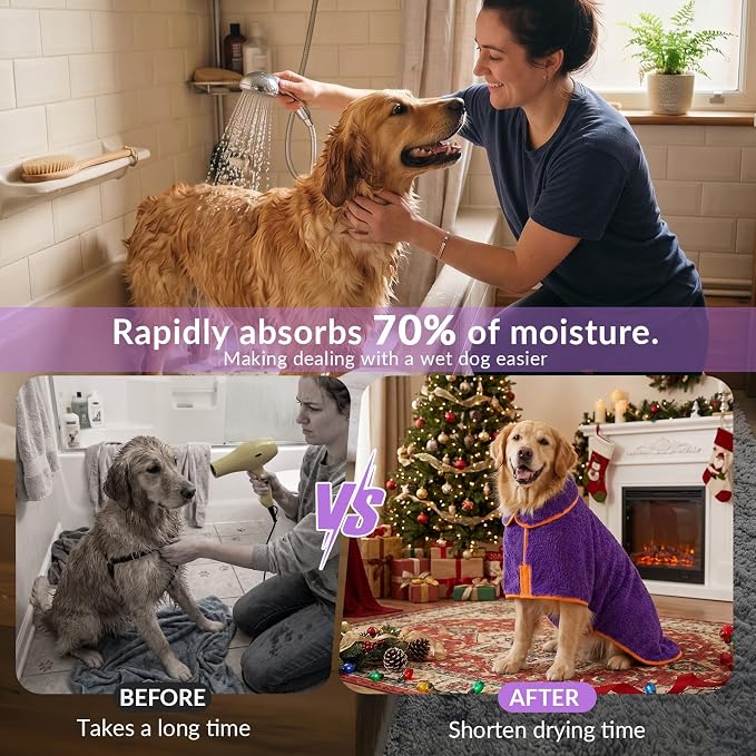 Bienbee Dog Bathrobe, Quick Drying Super Absorbent Pet Robes for Small Medium Large Dogs, Drying Coat for After Bath & Swim, Warm & Cozy Dogs Towels, Dog Puppy Bath Supplies, Purple XXL