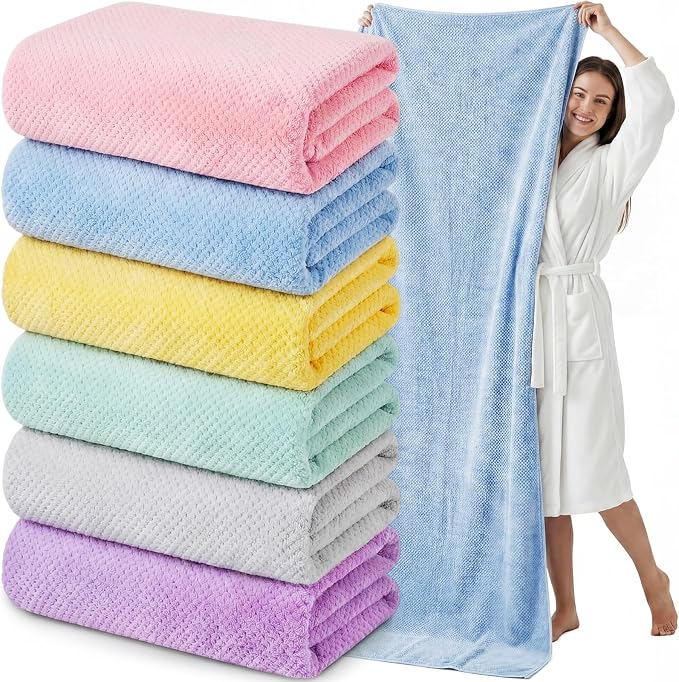 Newwiee 6 Pcs Oversized Bath Towels 40 x 80 Inches Extra Large Jumbo Bath Sheets Beach Towels for Adults Soft Quick Dry Highly Absorbent Microfiber Shower Towel with Hanging Loop(Pastel Color)