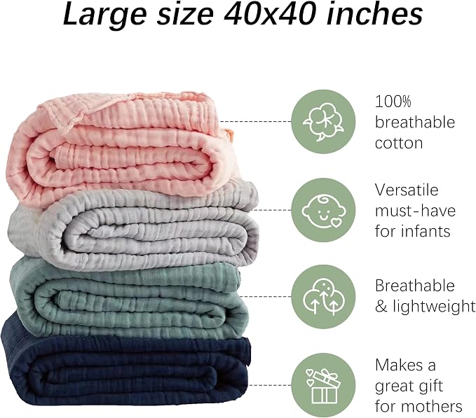 SWEET DOLPHIN Muslin Baby Bath Towels Blanket - 2 Pack 100% Cotton Towel for Babies, Infants, Toddlers - 40x40Inch - Highly Absorbent, Pink