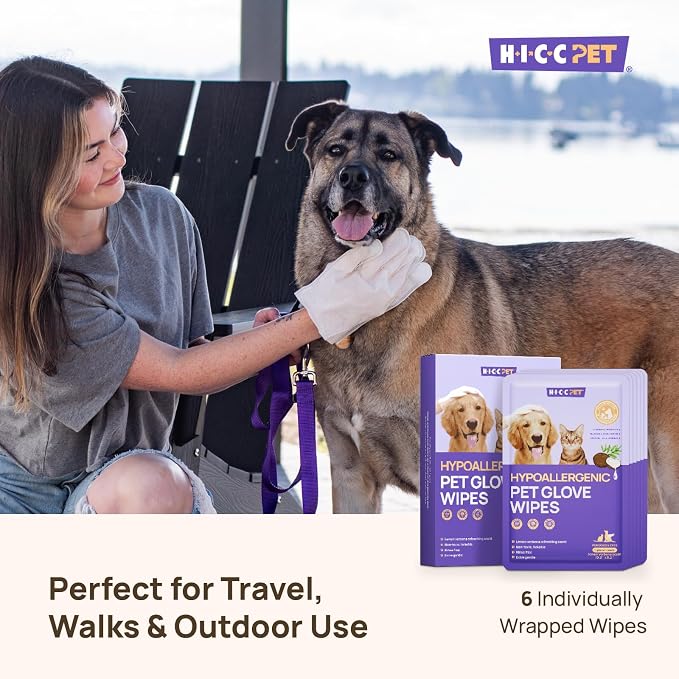 HICC PET Cleaning Deodorizing Glove Wipes for Dogs & Cats, Hypoallergenic Hydrating & Nourish Fur Pet Grooming Glove Wipes, Pet Bathing Wipes for Horse Coat Care, 6pcs Verbena Scent