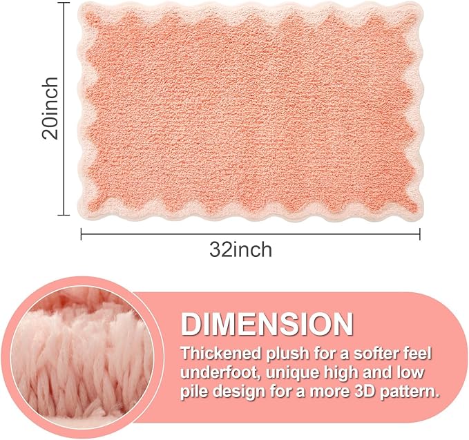 ORTIGIA Cute Coral Pink Scalloped Bath Mat, Fun Plush Microfiber Scallop Bathroom Rugs Non Slip Washable Quick Dry Absorbent, Bath Rug Carpet for Shower Stall Vanities Kitchen Floor Entrance, 20x32