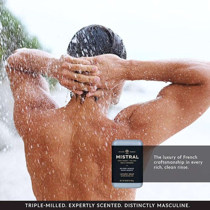 Mistral Silver Agave Luxury Bar Soap for Men | Men’s Natural Soap Bar | Paraben, Phthalates Free | Moisturizing & Triple-Milled Natural Soap for Men - Made in France | Large, 8.8 oz
