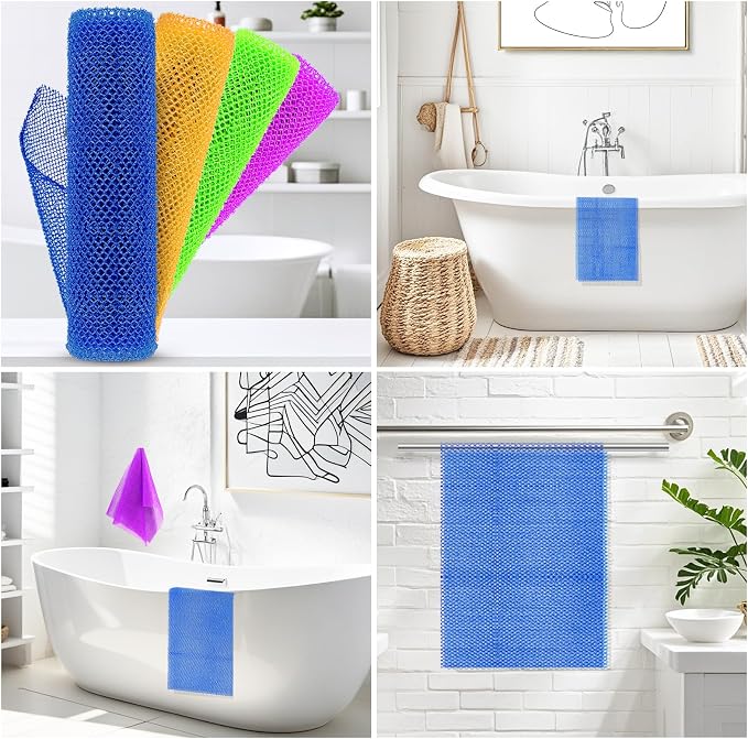 African Net Sponge Exfoliating Body Scrubber - Long Bath Sponge for Shower, Back Cleanser Smoother, Natural Exfoliation, Gentle for Sensitive Skin, Daily Use(Blue, Orange, Green, Purple)