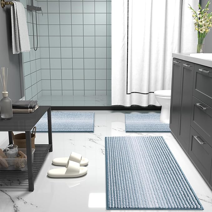 OLANLY Bathroom Runner Rugs 47x20, Extra Soft Absorbent Chenille Striped Bath Rugs, Rubber Backing, Machine Wash Dry, Long Bath Mats for Bathroom, Tub, Shower, Home Decor Accessories, Airy Blue