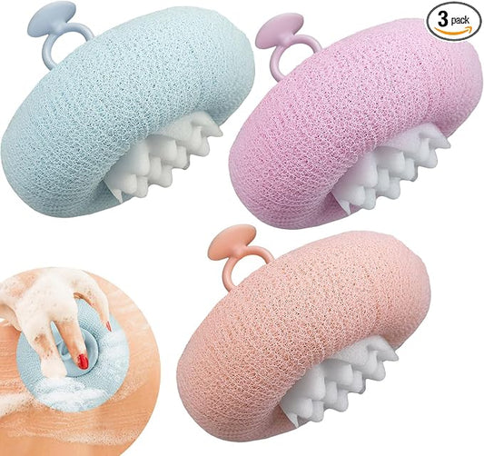 3Pcs 2-in-1 Sunflower Bath Ball, Super Soft Exfoliating Bath Sponge Cleaning Brush, Bath Loofah Sponge，Hangable Suction Cup Bath Ball for Women Men(Pink+Blue-Green+Purple)