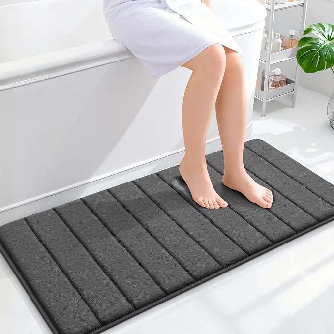 OLANLY Memory Foam Long Bathroom Rugs Runner 44x20, Super Soft Absorbent Bath Mat, Quick Dry, Machine Washable Shower Floor Rugs, Bathmat Carpet, Bathroom Home Decor Accessories, Black