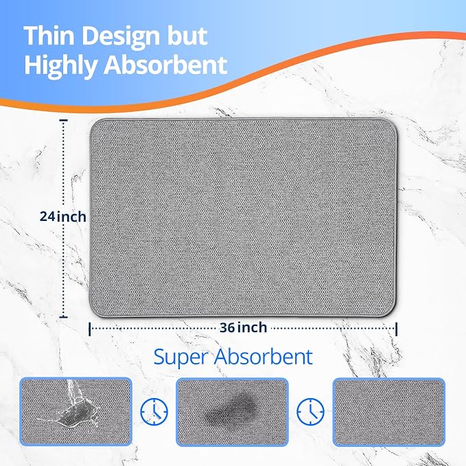 Upgraded Bath Mat 24x36Inch, Thin Bath Mats Rugs with Rubber Backing Non-Slip, Absorbent,Quick Dry Machine Washable, Home Decor Accessories Cozy Cloth Bathroom Rugs fit Under Door/Sink/Tub/Shower-Gray