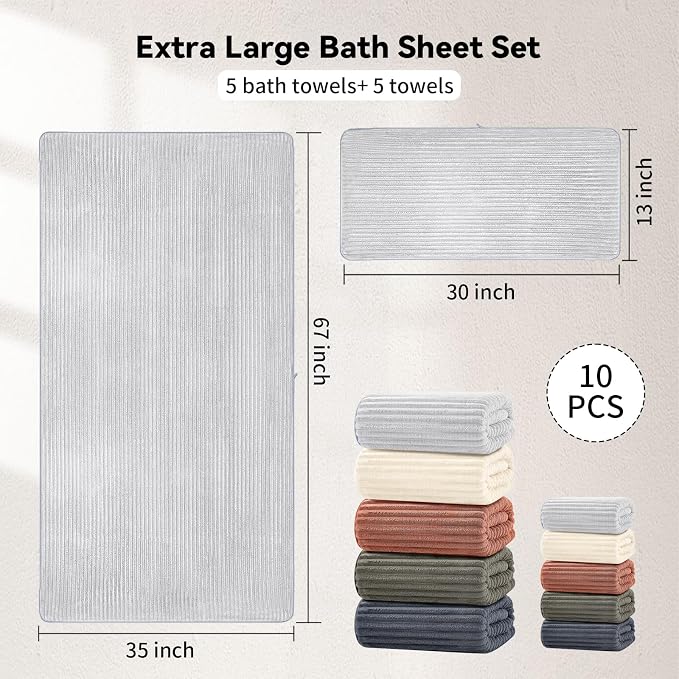 10-Piece Microfiber Bath Towel Set – 280 GSM Coral Fleece, Ultra Soft Quick Dry Towels, Includes 5 Oversized Bath Sheets 35”x67” & 5 Hand Towels, Absorbent Bathroom Towels for Home Spa (Dark Gray)