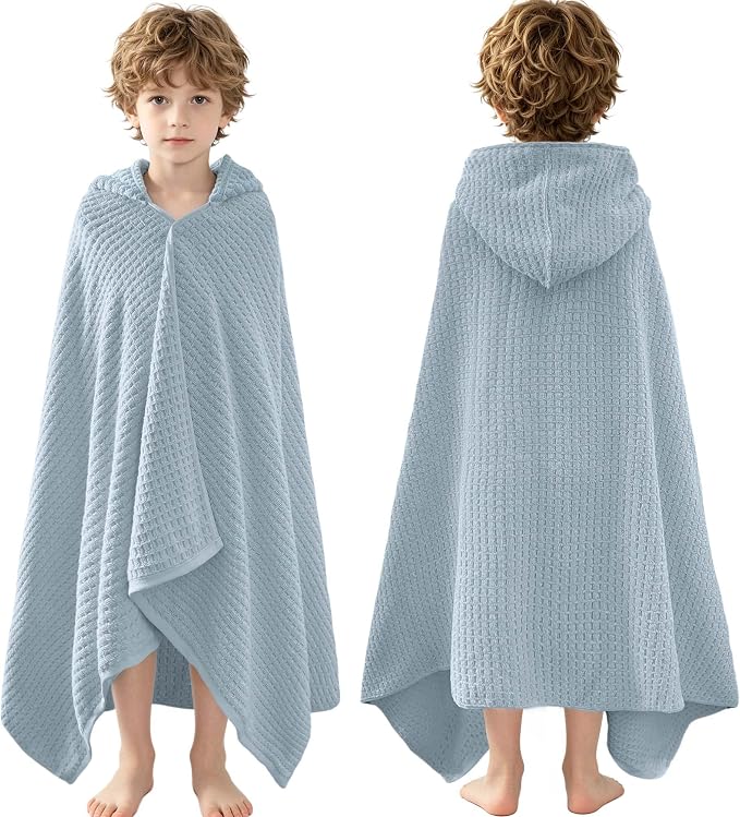 VOOVA & MOVAS Hooded Bath Towels for Kids | Soft Absorbent 100% Cotton Thick Towel Wrap | Versatile Beach, Pool, Swim & Bath Cover-Up | Dark Grey Blue Solid Waffle