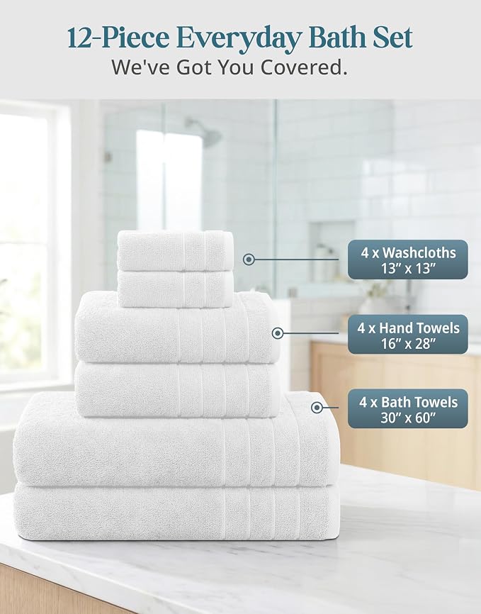 Casa Platino 100% Cotton Turkish Bath Towel Set 12 Pieces - Super Soft, Absorbent & Quick Dry - 4 Bath, 4 Washcloths, 4 Hand Towels for Bathroom - Hotel Quality, Ideal for Spa, Gym & Travel - White