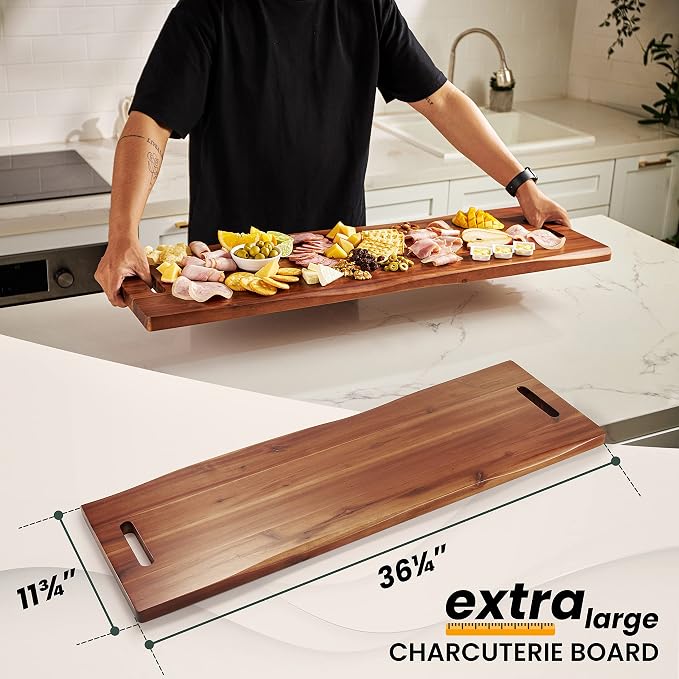 TIDITA 36" Large Acacia Wood Charcuterie Board with Handles - Extra Long Wooden Serving Cheese Boards - Rectangular Serving Platter for Meat Steak, Cracker Appetizers, Fruit Decorative Display Party
