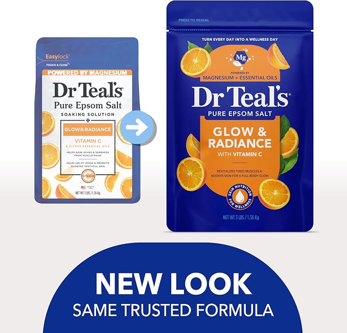 Dr Teal's Pure Epsom Magnesium Salt Soak, Glow & Radiance with Vitamin C & Citrus Essential Oils, 3 lbs