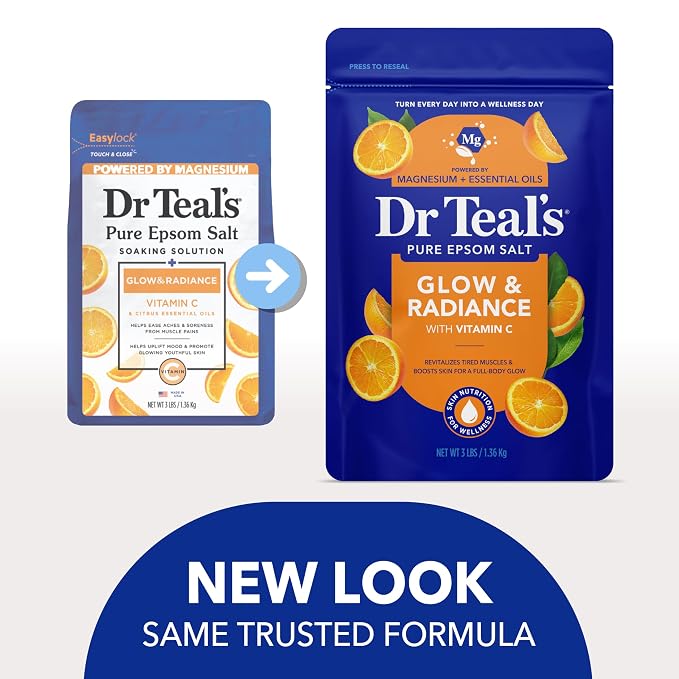 Dr Teal's Epsom Salt Magnesium Soak, Glow & Radiance with Vitamin C & Citrus Essential Oils, 3 lbs (Pack of 4)