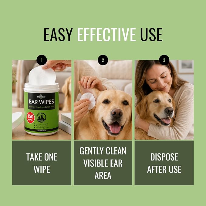 NOVEHA 150PCs Dog Ear Cleaner Wipes, Daily Ear Cleaner for Dogs & Cats - Stop Ear Itching with Aloe, Eucalyptus & Witch Hazel Ear Wipes for Dogs - for Odor Control, Dirt and Wax Removal, Unscented