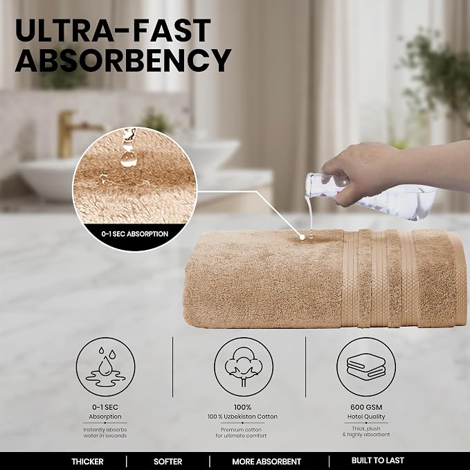 Bath Sheets 2 Pack Extra Large 35 x 70 Inches 600 GSM 100% Ring Spun Combed Uzbek Cotton Bath Towels Oeko-TEX Certified Soft Highly Absorbent Quick Dry – Desert Beige