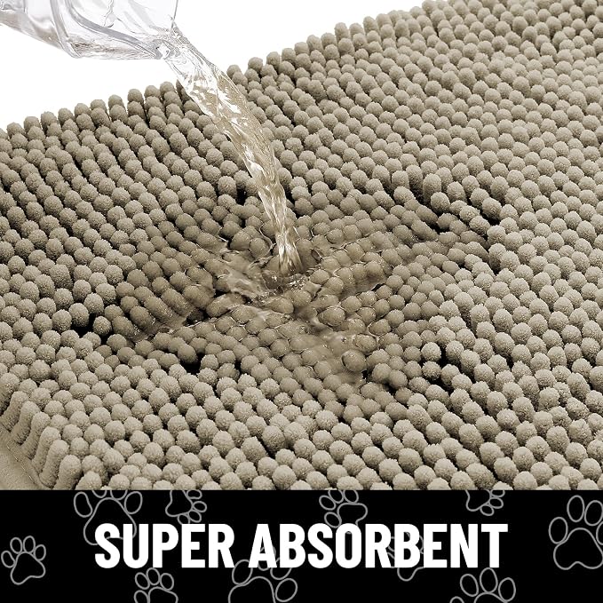 Smiry Dog Door Mat for Muddy Paws, Absorbent Dirt Trapper Non Slip Quick Dry Washable Chenille Mat for Mud Dogs, Entry Rug for Indoor and Outdoor (48x30 Inches, Warm Taupe and Black)