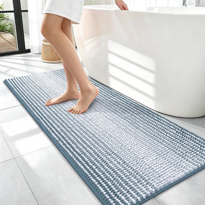 OLANLY Bathroom Runner Rugs 47x17, Extra Soft Absorbent Chenille Striped Bath Rugs, Rubber Backing, Machine Wash Dry, Long Bath Mats for Bathroom, Tub, Shower, Home Decor Accessories, Airy Blue