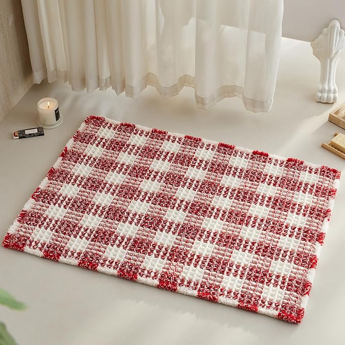 TYUU Waffle Bath Mat, Boho Christmas Bathroom Rugs Non Slip Washable Absorbent Checkered Bathroom Mat Quick Dry Cute Bath Mat, 36"x24" Red and White