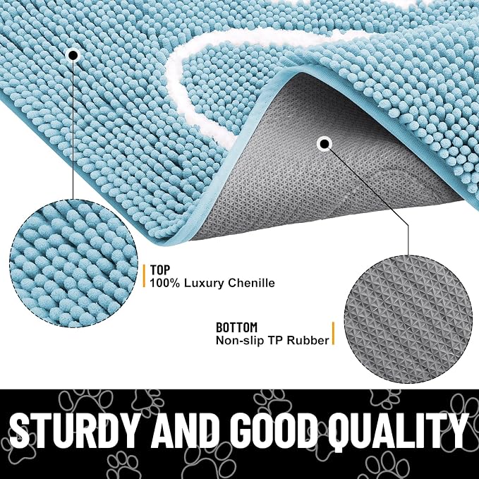 Smiry Dog Door Mat for Muddy Paws, Absorbent Dirt Trapper Non Slip Quick Dry Washable Chenille Mat for Mud Dogs, Entry Rug for Indoor and Outdoor (59x35 Inches, Sky Blue and White)