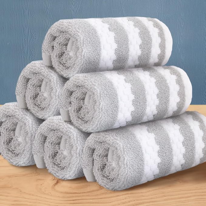Striped Washcloths for Bathroom (6 Pack, 13"x13") - 100% Cotton | Quick Dry | Thick | Soft | Absorbent, Waffle Wash Cloths for Showering, Grey Decorative Face Towel Set, Gray Stripe and White Checker