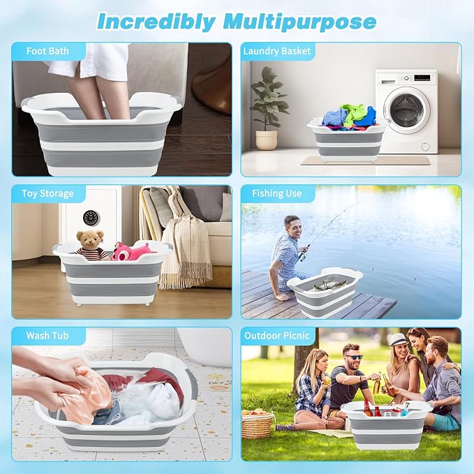 FHTONGE 7.13 Gal/27L Raised Collapsible Dog Bathtub with Drain Fur Catcher, Multifunctional Pet Washtub for Small to M Dog, Portable Puppy Tub Cat Shower Basin Laundry Basket Storage Organize Bucket