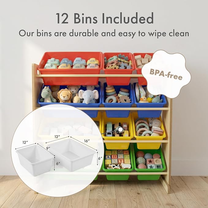 Humble Crew Kids' Toy Storage Organizer with 12 Plastic Bins, Natural/Primary, Model Number: WO560