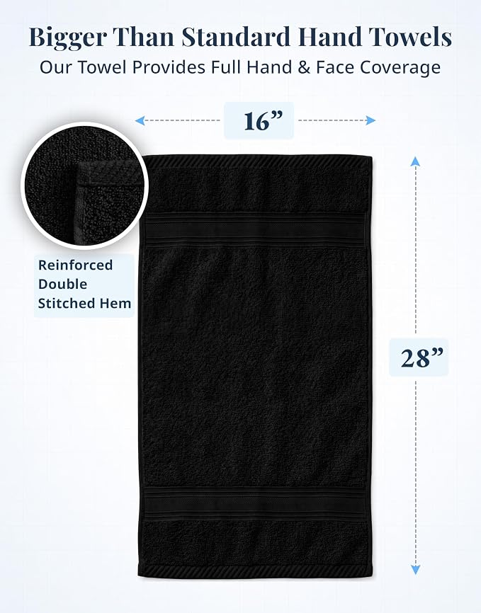 Black Hand Towels for Bathroom - 6 Pack (16"x28"), 100% Ringspun Cotton Hand & Face Towel - Soft, Prevent Fraying, Fade and Shrink Resistant - Daily Use Gym Towels for Men & Family Bathroom Hand Towel