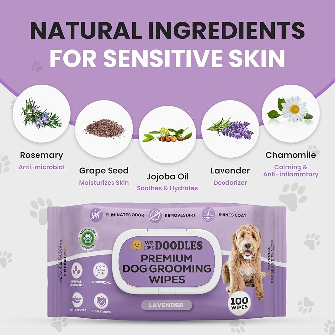 We Love Doodles Dog Wipes - Deodorizing & Cleaning Pet Wipes, for Coat, Face, Paws, Butt, & Body, Dog Essentials & Grooming Supplies, Made in USA, Lavender (100 Count)