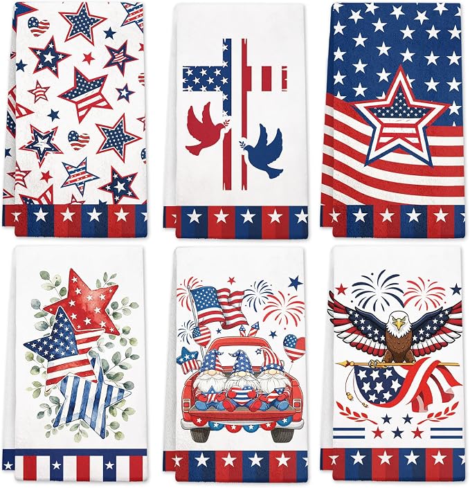 4th of July Kitchen Towels 6 PCS, Patriotic Vintage Hand Towel for Bathroom Home, Independence Day Tea Towels, Kitchen Dish Towel for Memorial Day, Blue American Flag Stars Eagle, 17 X 26in