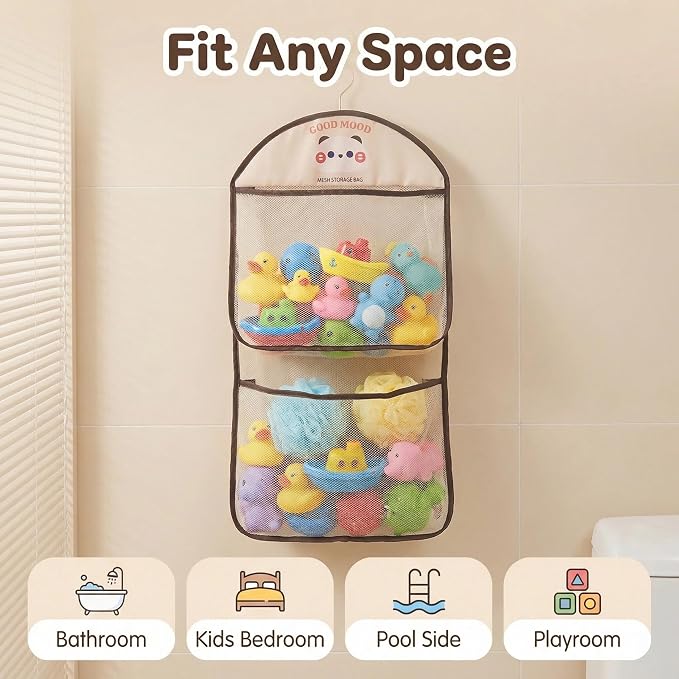 Good Mood Toddler Bath Toy Organizer, Large Capacity Baby Bathtub Toy Storage with Adhesive Hooks, Toy Organizers and Storage for Bath Toys for Kids Ages 3-5, Bath Toy Holder Kids Bathroom Decor