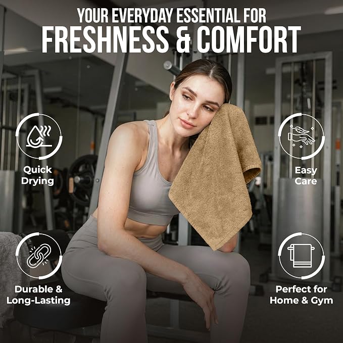 RIVERSIDE 12-Pack Premium 100% Cotton Tan Face Towels for Bathroom [12x12] - Reusable Luxury Face Wash Cloths for Showering - 550 GSM Super Soft & Absorbent Washcloths for Body, Spa & Gym
