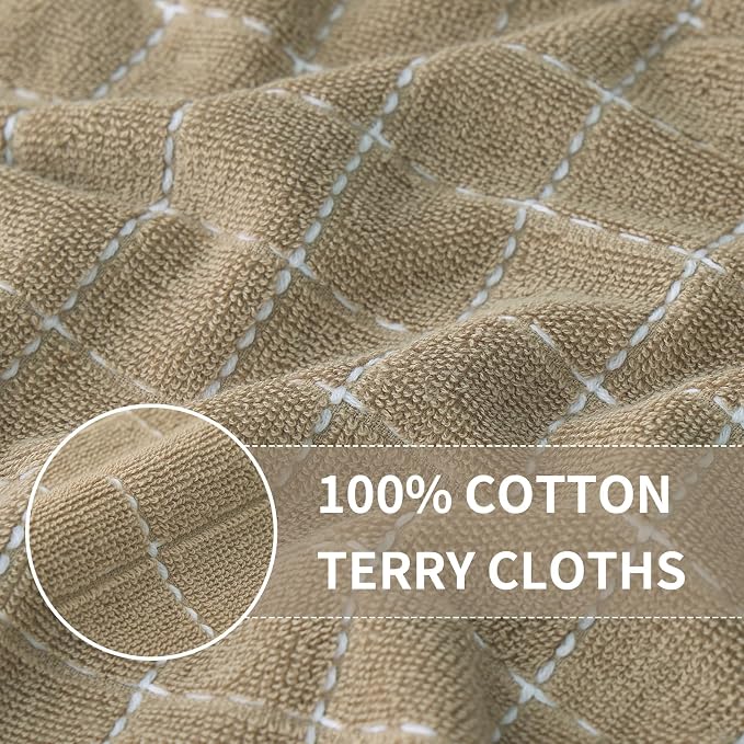 Homaxy 100% Cotton Terry Kitchen Towels(Tan, 13 x 28 inches), Checkered Designed, Soft and Super Absorbent Dish Towels, 4 Pack