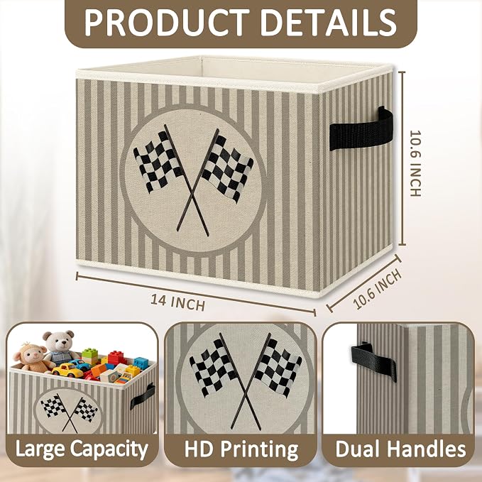 Race Car Boy Nursery Foldable Storage Bins Box with Handles, Neutral Striped Race Car Collapsible Organizer Basket for Kids Boys Bedroom Bathroom Playroom Clothes Books