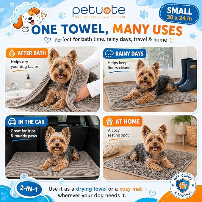 Pet 2-in-1 Dog Towel & Mat – Transforms from Drying to Bath Mat, Ultra Soft, Absorbent & Quick-Drying, Machine Washable Dog Towels with Detachable Non-Slip Mat and Hand Pockets (Small)
