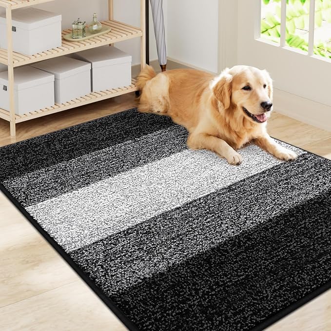 Smiry Dog Door Mat for Muddy Paws, Absorbs Moisture and Dirt, Low-Profile Entryway Mat with Non-Slip Backing, Entry Indoor Outdoor Doormat for Inside Floor (40x32 Inches, Black, Striped)